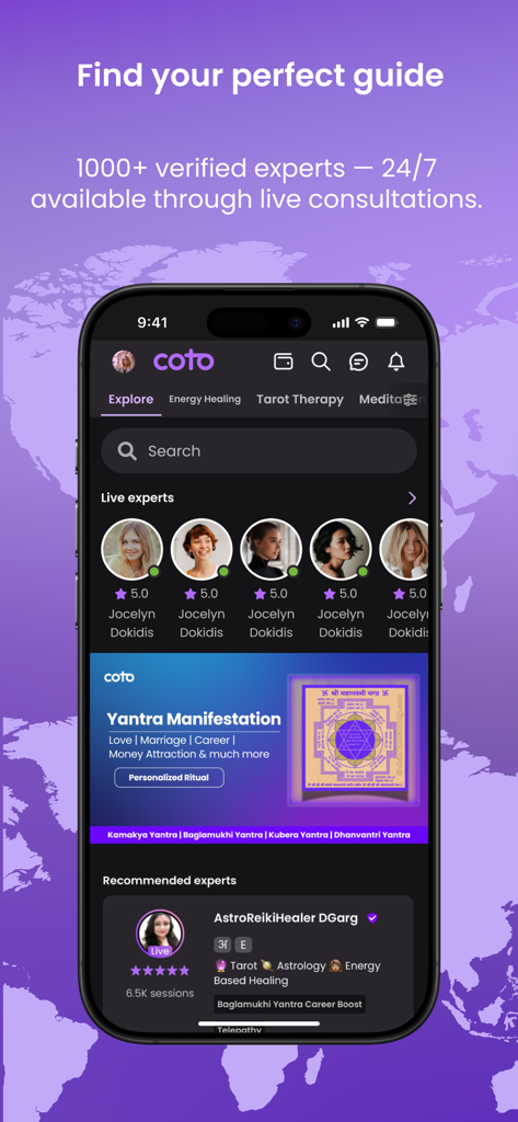 coto - Coto mobile app screen showing a list of verified live spiritual experts for astrology and tarot guidance.