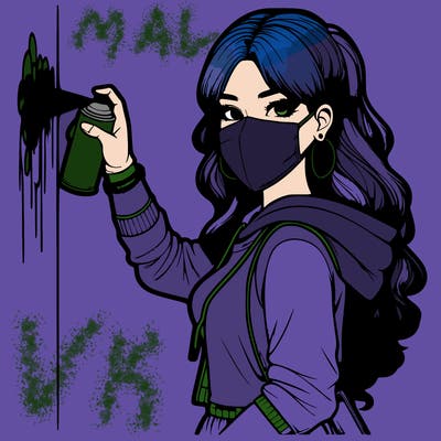 realistic girl with mask spray painting a wall