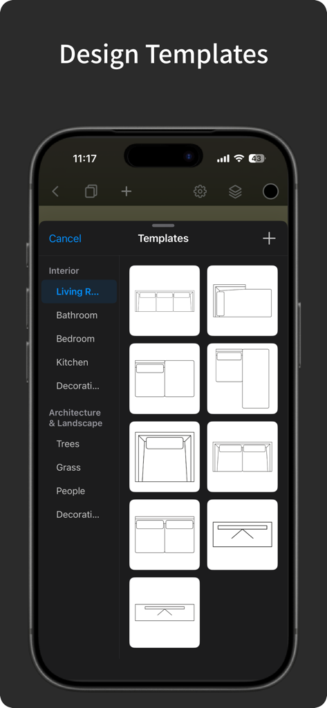 SketchFlow:  CAD Drawing - Tela do aplicativo SketchFlow mostrando uma biblioteca de modelos de móveis de design de interiores para layouts de salas de estar.