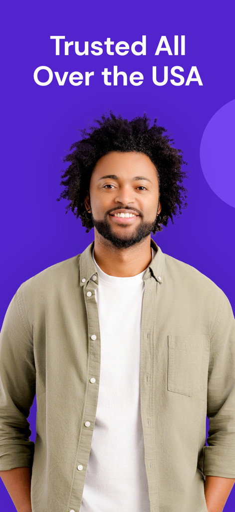 A smiling young man representing a trusted user of the Pawns app in the USA on a purple background