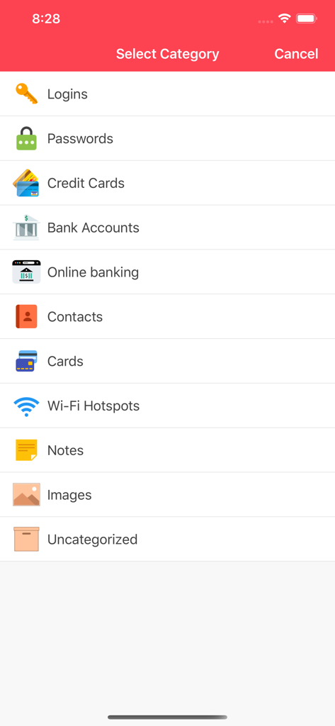 Password Goo screen displaying various categories to organize personal data like passwords and bank accounts