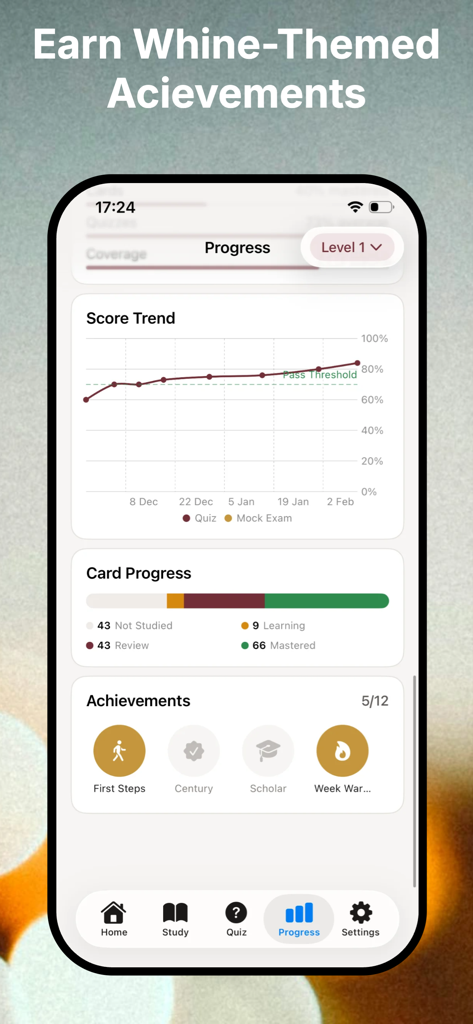 VinoPrep app progress dashboard showing a score trend graph, study card progress bar, and wine-themed achievement badges.