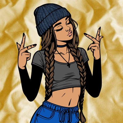 realistic teenage girl with braids and a beanie and crop top doing 🫶🏼