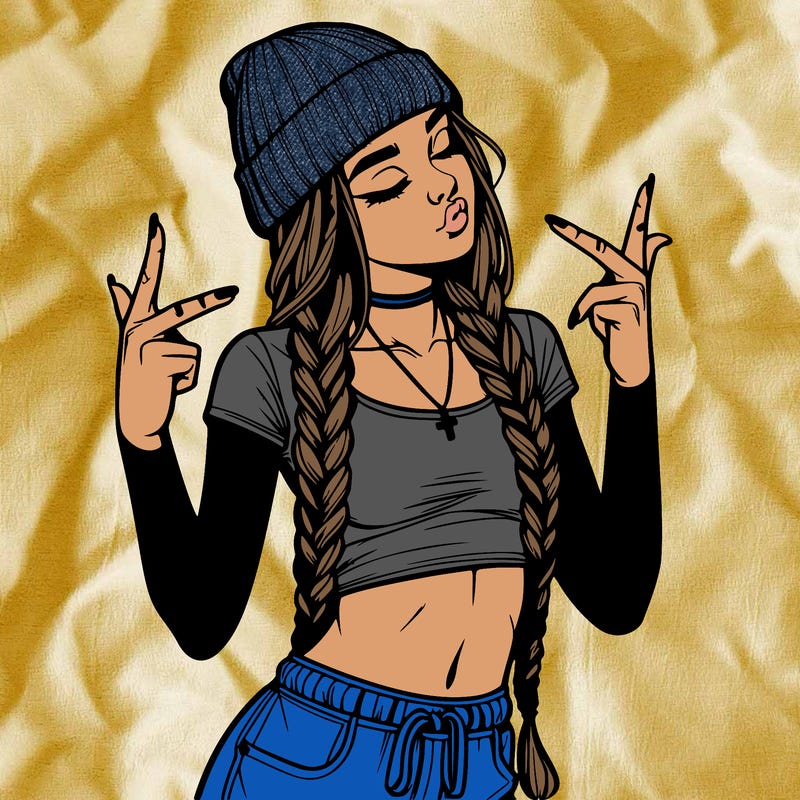 realistic teenage girl with braids and a beanie and crop top doing 🫶🏼