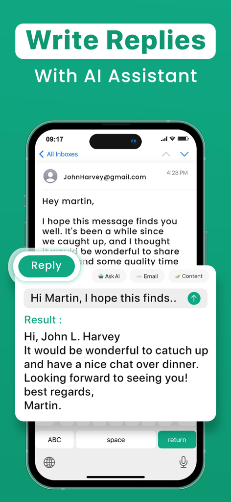 AI Keyboard - Grammar Check - A mobile screen showing the AI Keyboard generating a professional email reply