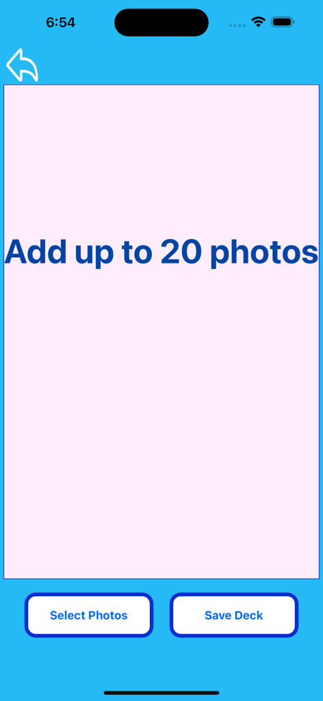Interfaccia per la selezione di un massimo di venti foto personali per creare un mazzo di memory game personalizzato