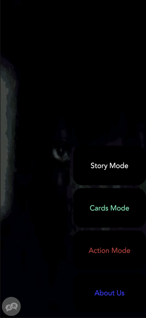 Mariam Game - Main menu screen for Mariam Game displaying options for Story Mode, Cards Mode, and Action Mode over a dark and eerie background.