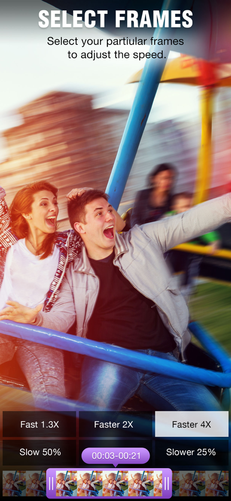 Slow Motion Video & Speed Up - A tela Selecionar Quadros do aplicativo ClipSpeed mostrando botões de ajuste de velocidade e uma linha do tempo do vídeo.