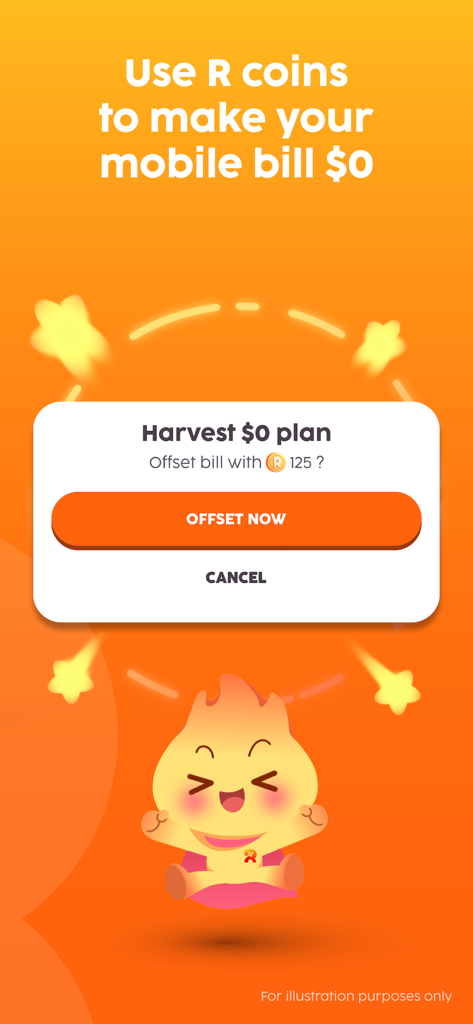 Reward Land - A screen from the Reward Land app showing a prompt to use R coins to offset a mobile bill to zero with the mascot Flare
