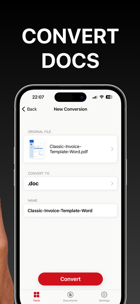 PDF App: Convert, Create, Sign - Mobile app interface for converting a PDF document to a Word file