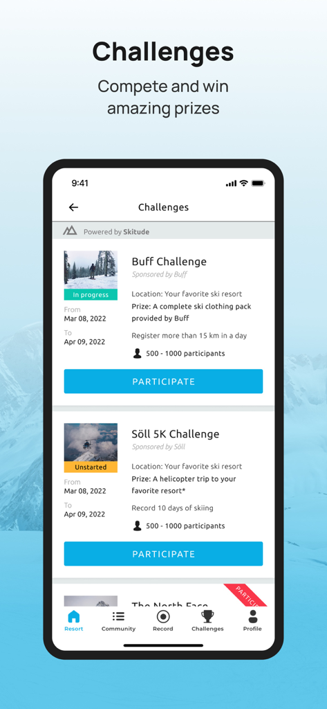 Écran de l'application Montgenèvre montrant divers défis de ski et prix de compétition