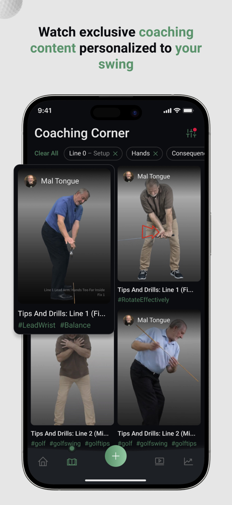 SWEE Golf: AI Swing Analyzer - Coaching Corner-Oberfläche in der SWEE Golf App mit personalisierten Trainingsvideos und Experten-Schwungübungen