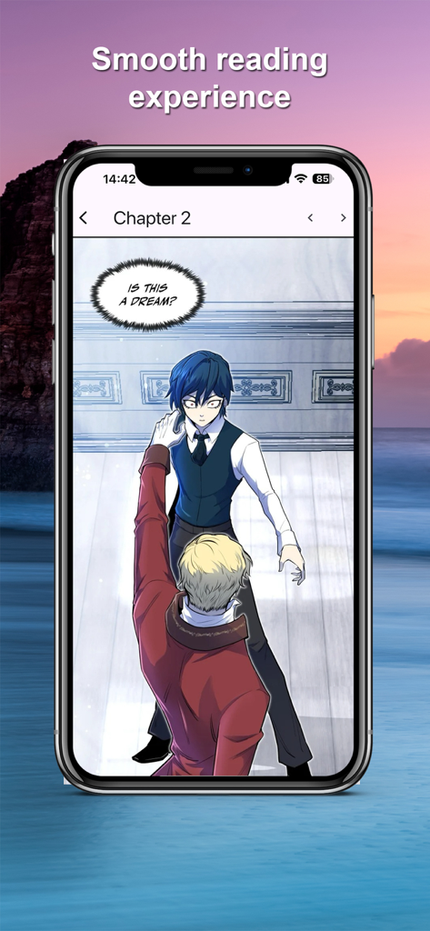 Read Manhwa Online - An iPhone displaying a manhwa chapter with high-quality illustrations and a text bubble that says Is this a dream