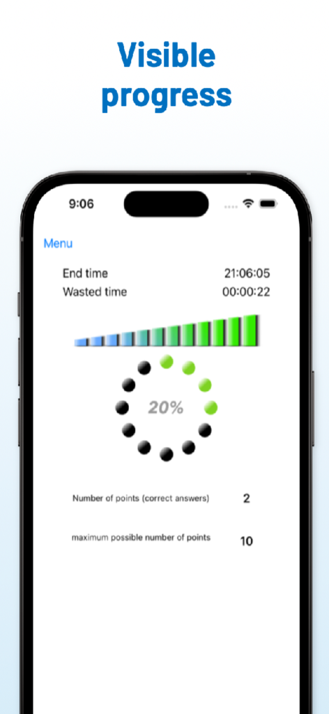 CES Test: Seagull Training - Schermata mobile che mostra il 20% di progresso del test con punteggi dettagliati e un grafico circolare del completamento