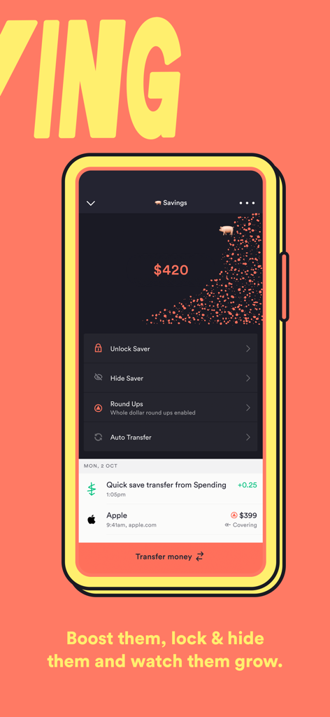 Up banking app savings screen showing a balance and automated saving options like Round Ups and Auto Transfer.