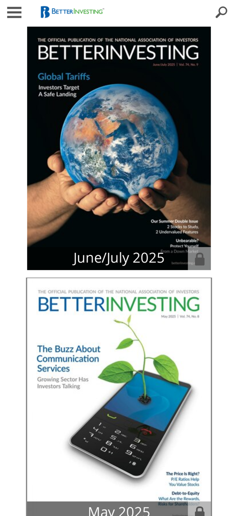 BetterInvesting Magazine app interface displaying digital covers for the June July 2025 and May 2025 issues