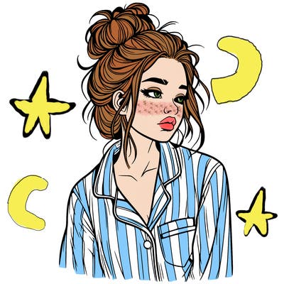 realistic woman with pajamas on and a messy bun