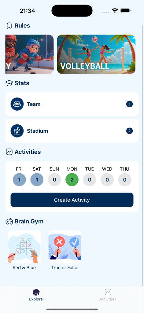 GoGreate Sport - Dashboard of the GoGreate Sport app featuring an activity tracker, sports rules, and mini-games.