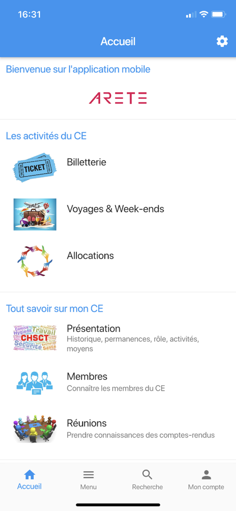The home screen of the Garance App featuring sections for employee perks, ticketing, travel, and company information