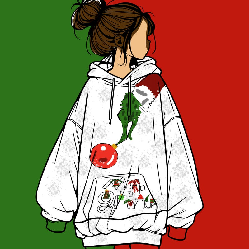 realistic girl with a oversized sweatshirt on and a bun