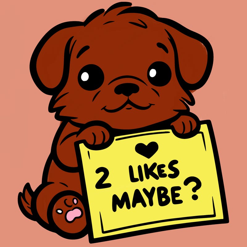 a puppy holding a sign that says 2 likes maybe?