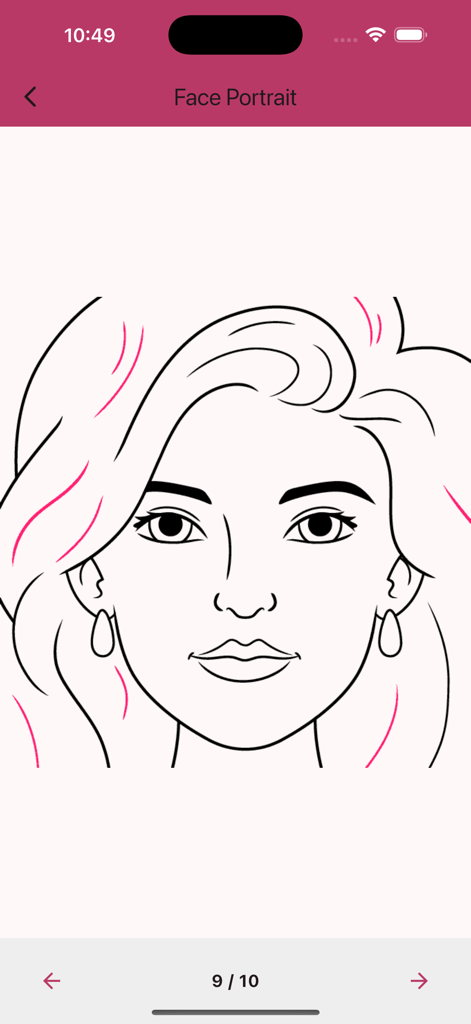 Learn Drawing - Step by Step - Un tutorial de dibujo lineal paso a paso de un retrato de rostro de mujer en la aplicación Aprende a Dibujar