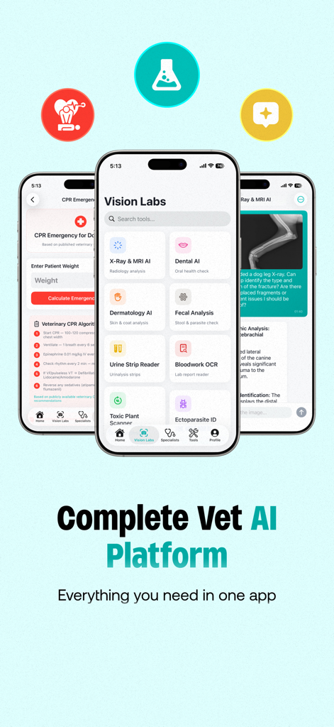 PetMed: Vet Calc & Drugs - PetMed app screens displaying veterinary AI diagnostics and emergency calculators
