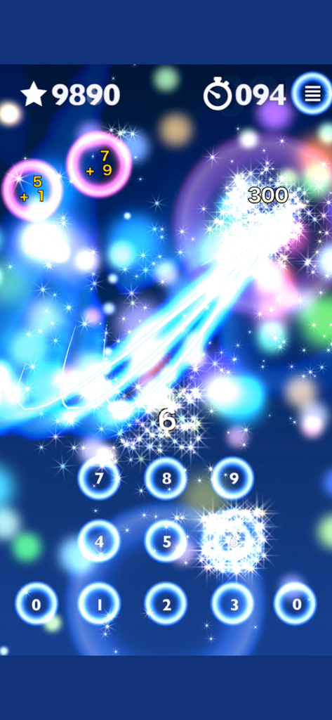 脳トレ HAMARU 暇つぶしパズルでひまつぶしゲーム学習 - Gameplay of HAMARU brain training app showing sparkly fireworks and mental math calculations with a glowing number pad.