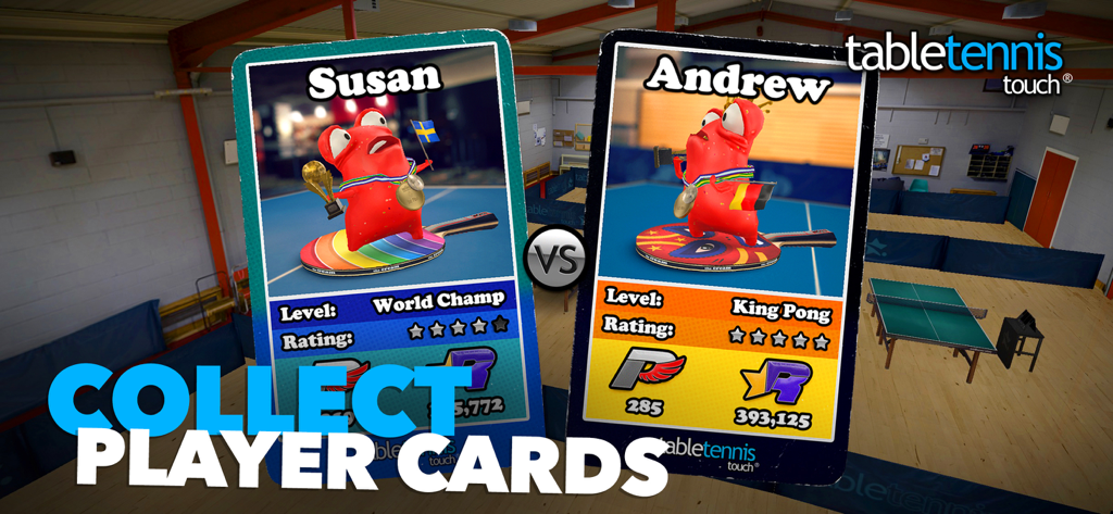Table Tennis Touch - Dos tarjetas de personaje para Susan y Andrew en el juego móvil Table Tennis Touch con estadísticas y clasificaciones de los jugadores.