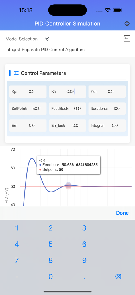 PID Controller Simulation - PID controller simulation screen showing tuning parameters and a response curve graph