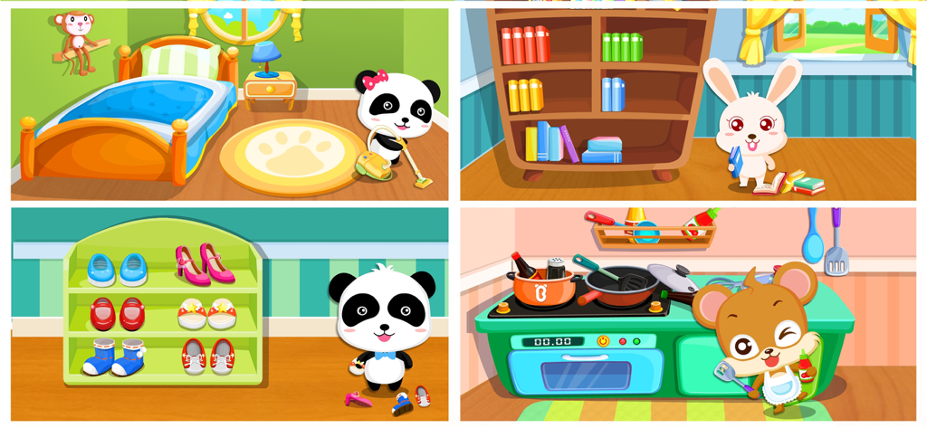 Get Organized-BabyBus - Cuatro escenas de dibujos animados de BabyBus que muestran animales aspirando, organizando libros y zapatos, y cocinando en una cocina.