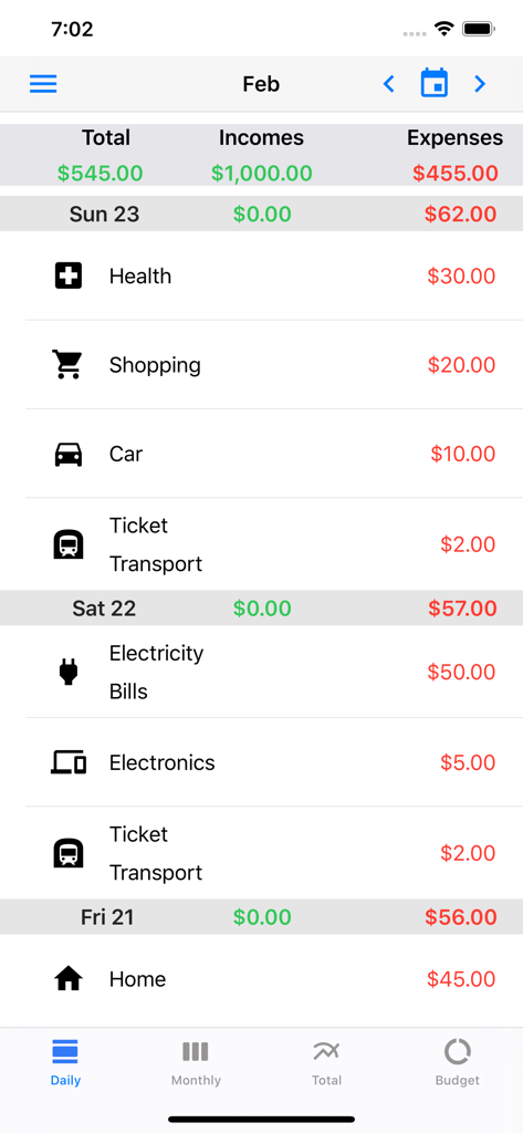 Detailed list of daily expenses and income in Expense monitor pro