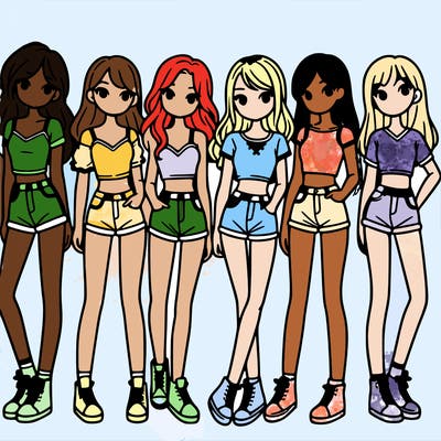 a group of girls wearing crop tops and shorts