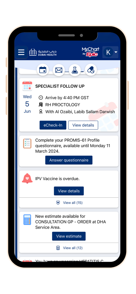 Dubai Health - دبي الصحية - Dubai Health app dashboard showing medical appointments and health notifications