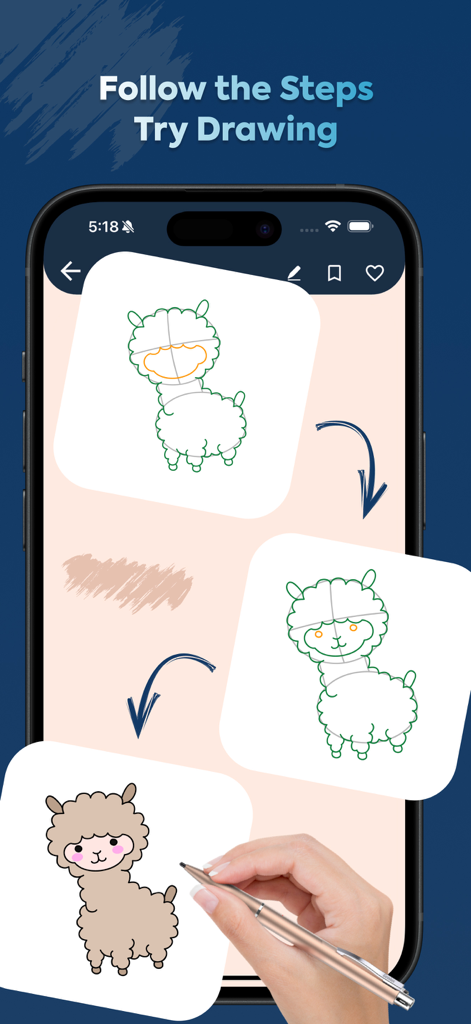 Eine Hand, die einen Stift verwendet, um einem Schritt-für-Schritt-Zeichen-Tutorial für ein Alpaka auf einem iPhone zu folgen