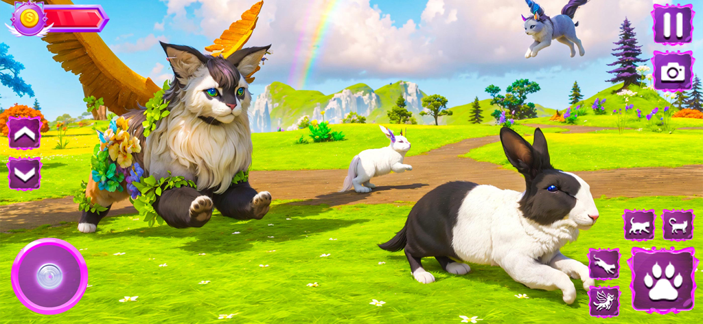 Kitty Fly Cat Adventure - A magical flying cat with wings and flower decorations exploring a green field with rabbits and a rainbow