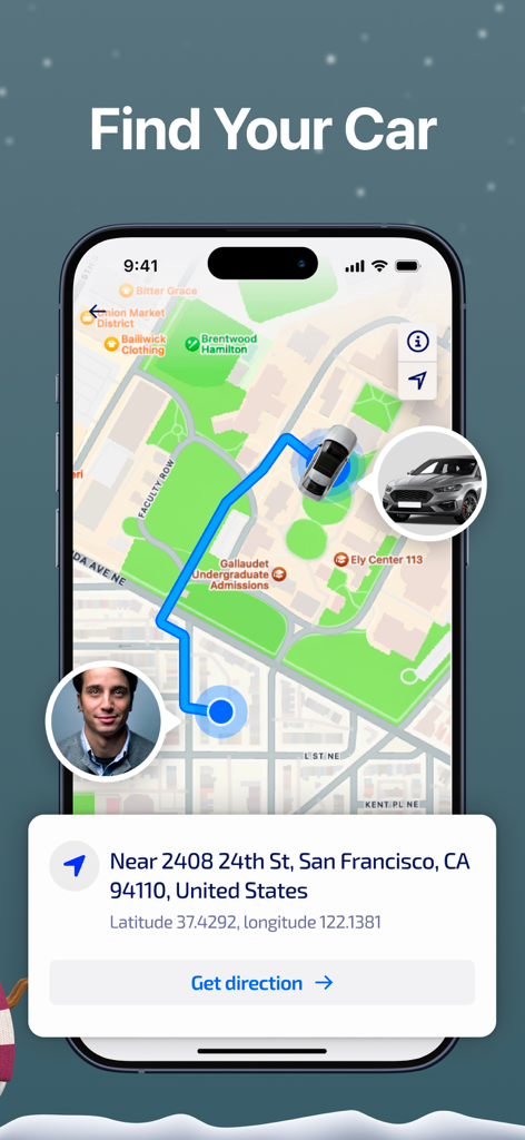 Smartphone screen showing the KeyConnect app with map directions to find a parked car in San Francisco