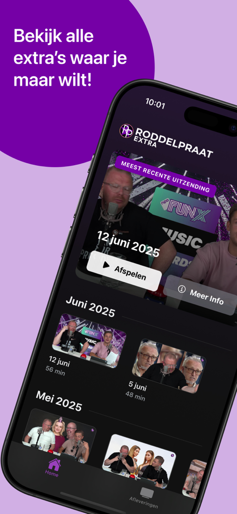 Mobile app interface for RoddelPraat Extra showing available video broadcasts and episode archives