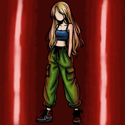 girl in baggy pants crop top and long hair