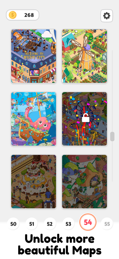 Find It: Hidden Objects Game - Ein Gitter aus bunten und lebendigen thematischen Levels zum Freischalten im Find It Hidden Objects Game.