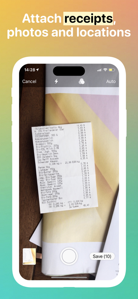 Fin - Budget Tracker - iPhone interface showing a paper receipt being scanned by the Fin app camera feature