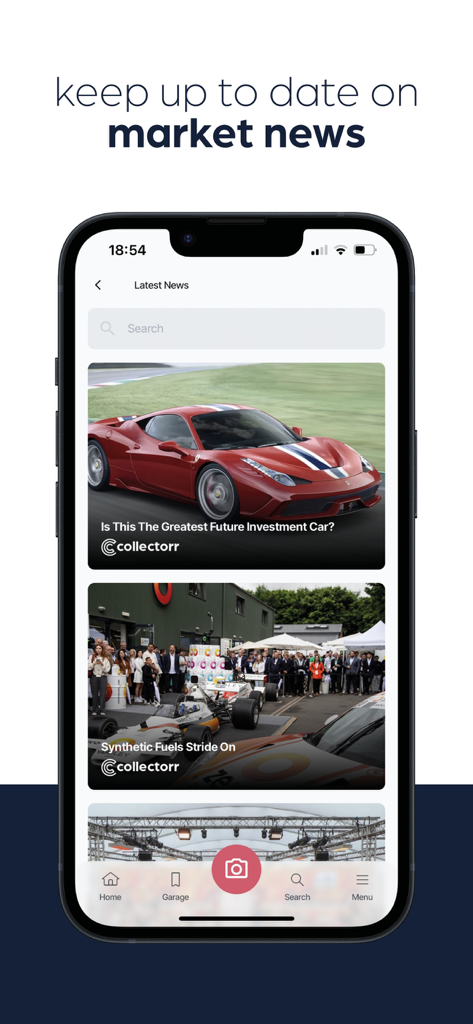drivve | Collector Car Values - drivve 앱에서 최신 클래식카 시장 뉴스 및 투자 기사를 보여주는 iPhone 화면