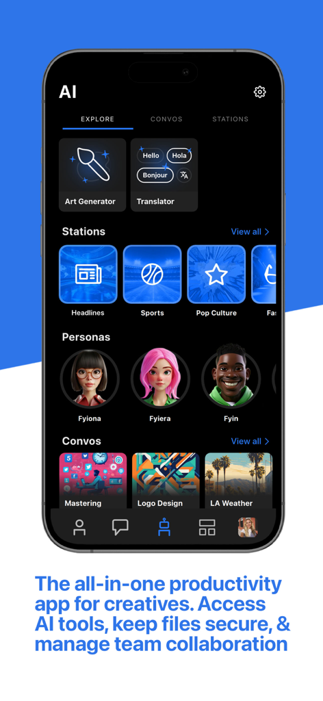 FYI.AI (Focus Your Ideas) - FYI.AI app interface showing AI tools art generator news stations and creative personas