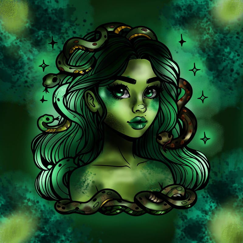 realistic girl with snakes as hair