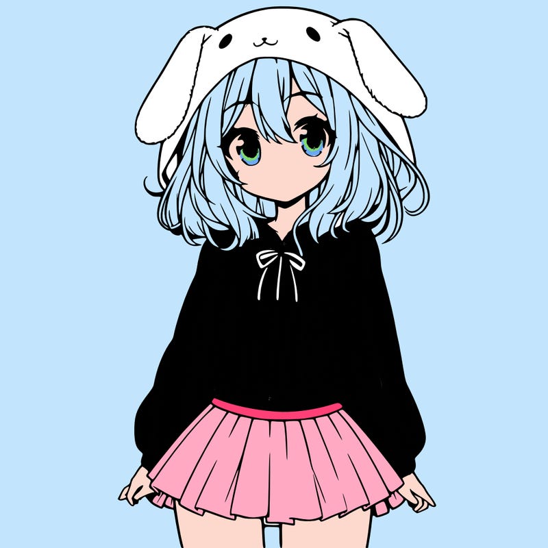 pretty anime girl wearing a fluffy hoodie with bunny ears on the hood and a skirt