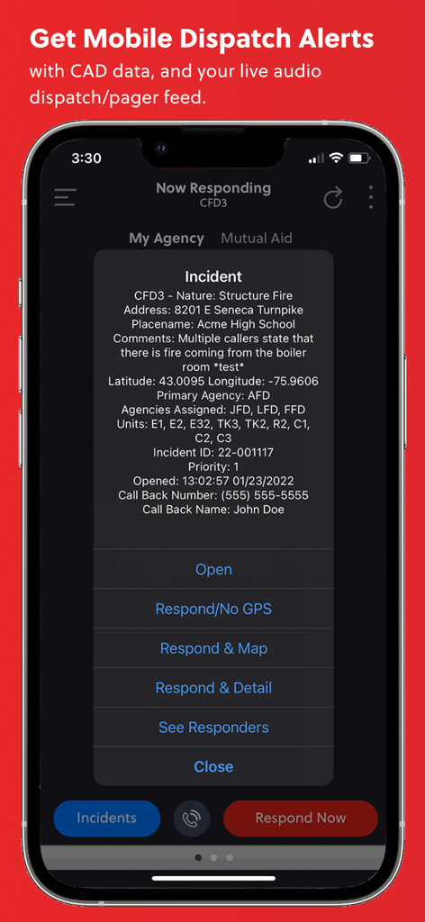 IamResponding (IaR) - Smartphone screen showing an IamResponding emergency dispatch alert for a structure fire incident.