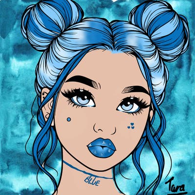 realistic girl with two buns on her hair and lips