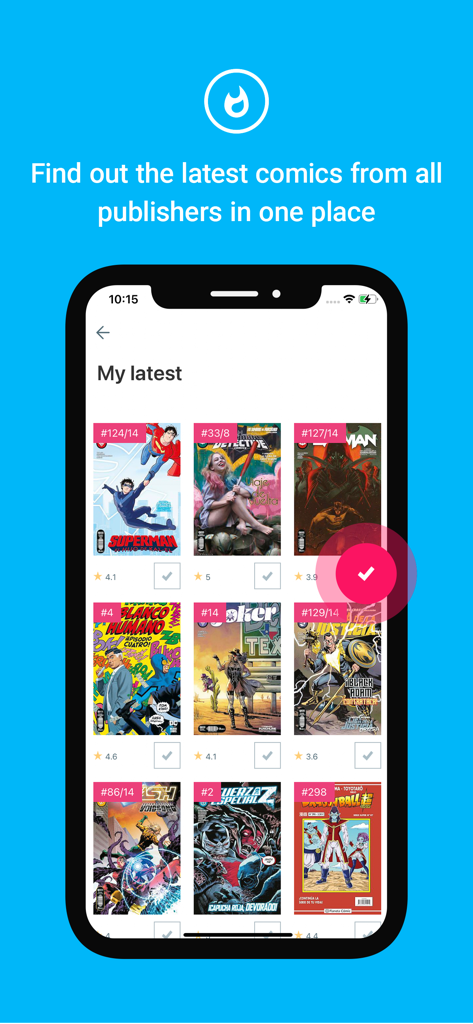 Pantalla de la aplicación móvil que muestra una cuadrícula de los últimos lanzamientos de cómics de diferentes editoriales con calificaciones y seguimiento de la colección