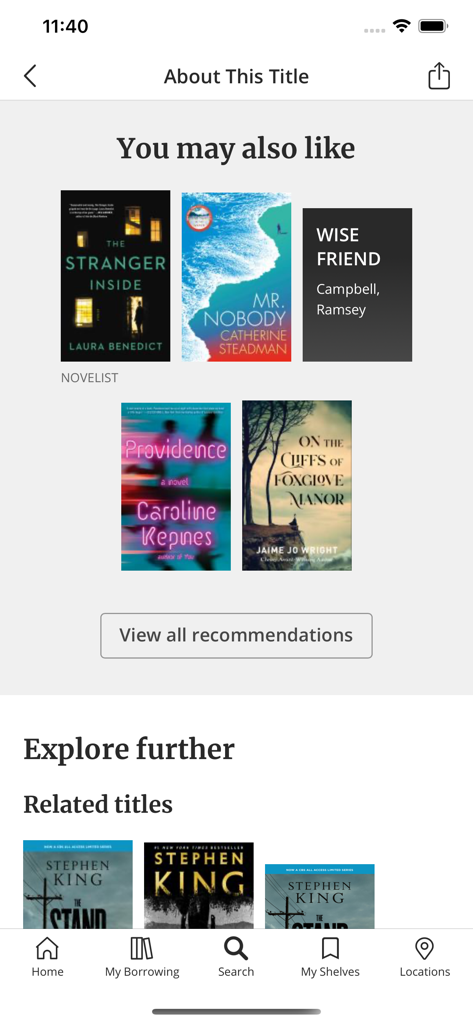 Surrey Libraries - Surrey Libraries app screen showing personalized book recommendations and related titles for discovery