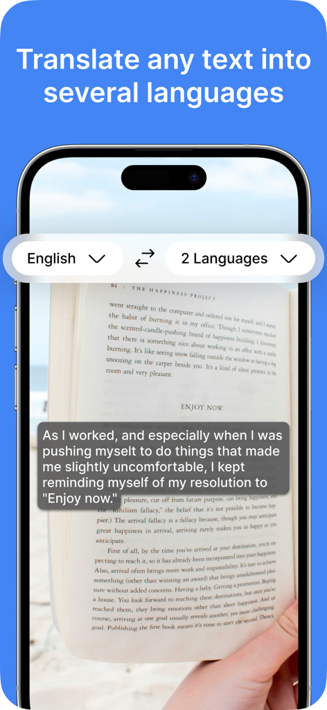 Lens Photo Scan app translating text from a book page